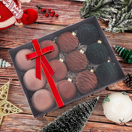 Festiva Christmas Tree Ornaments Velvet Balls - 12 Pcs Neutral/Brown/Green Shatterproof Christmas Tree Ornaments Velvet Balls, for Xmas Wedding Party Holiday Decorations (Gift Box)