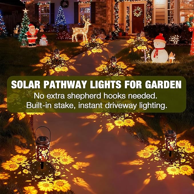 Cooo 2 Pack Solar Lanterns Outdoor Waterproof Sunflower Butterfly Solar Pathway Lights Landscape Path Christmas Gifts for Women Mom Grandma for Outdoor Table Lamps Garden Yard Backyard Decor-Rose Gold