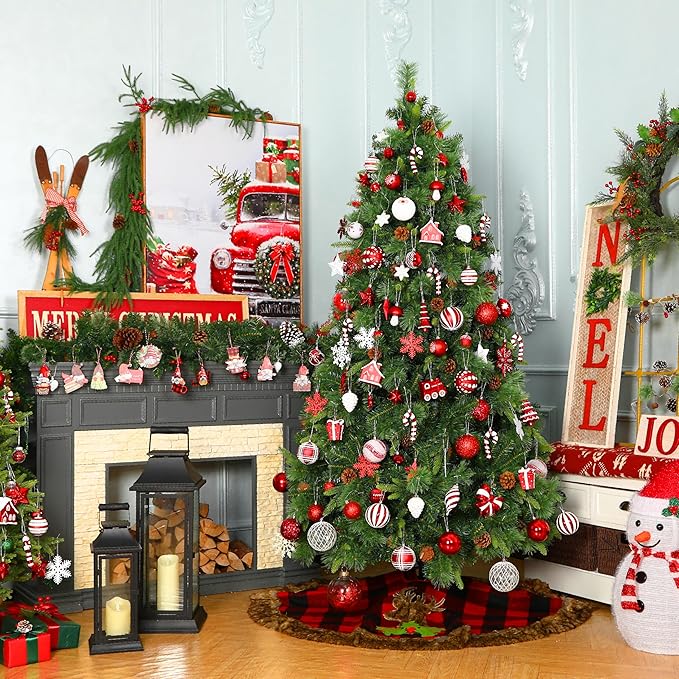 SHareconn 80ct Christmas Balls Ornaments Set, Shatterproof Plastic Colorful Xmas Decorative, Baubles for Tree Decorations with Hanging Strings, Red & Gold