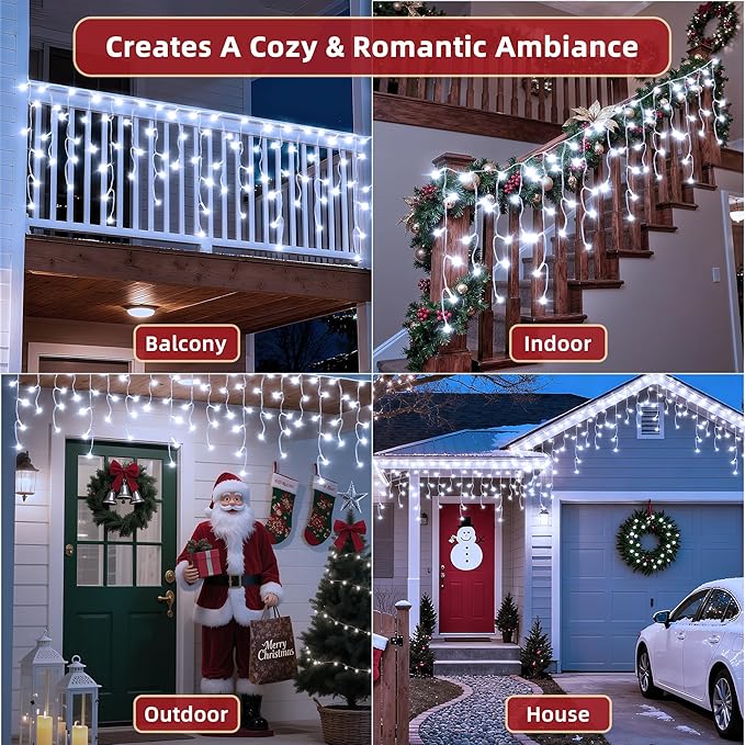 612 LED 60ft Christmas Lights with 136 Drops, 12 Lighting Modes Cool White Christmas Decoration Twinkling Lights Dimmable, Timer Outdoor Waterproof Fairy Lights for Indoor Garden House Eaves Roof
