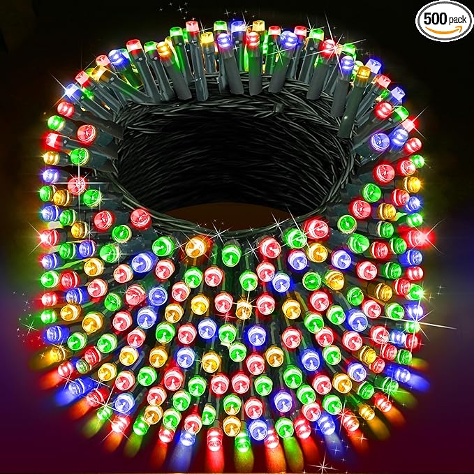 XURISEN Christmas Lights Outdoor 197FT 500 LED Green Wire String Lights 8 Modes with Timer Memory Waterproof Fairy Light Plug in for Xmas Tree Wedding Yard Party Holiday Decorations(Multicolor)