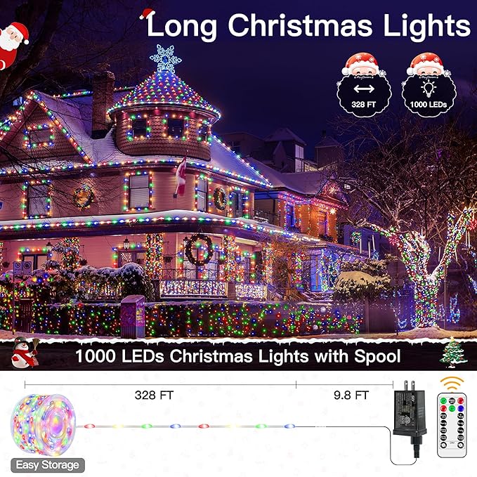 1000 LED 328 FT Outdoor Christmas Lights, IP67 Waterproof Twinkle String Lights with Remote 8 Modes and Timer Memory Function, Fairy Light for Holiday Garden Party Decorations(Multicolor)