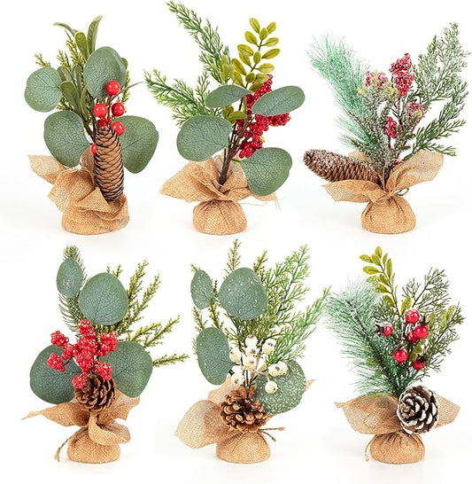 6 PCS Rustic Mini Christmas Tree Tabletop Set, Mixed Green Leaves, Red Berries and Pine Cones, 9 inch Artificial Trees with Burlap Bases, Ideal for Holiday Home Office Table Centerpiece
