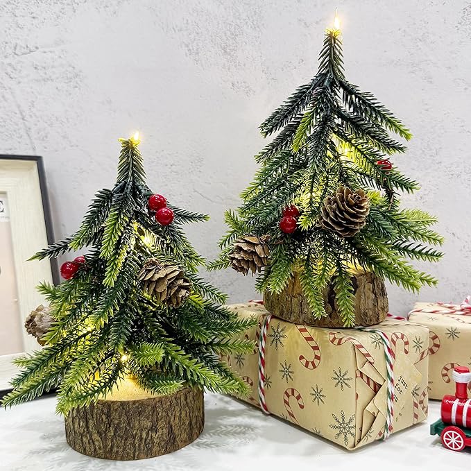 2 Pack Artificial Christmas Tabletop Mini Pine Trees, 6.5 in Tall Lighted Holiday Decorations with Wooden Base, Red Berries, Pine Cones for Home Table Windowsill Office Desk Desk Mantel