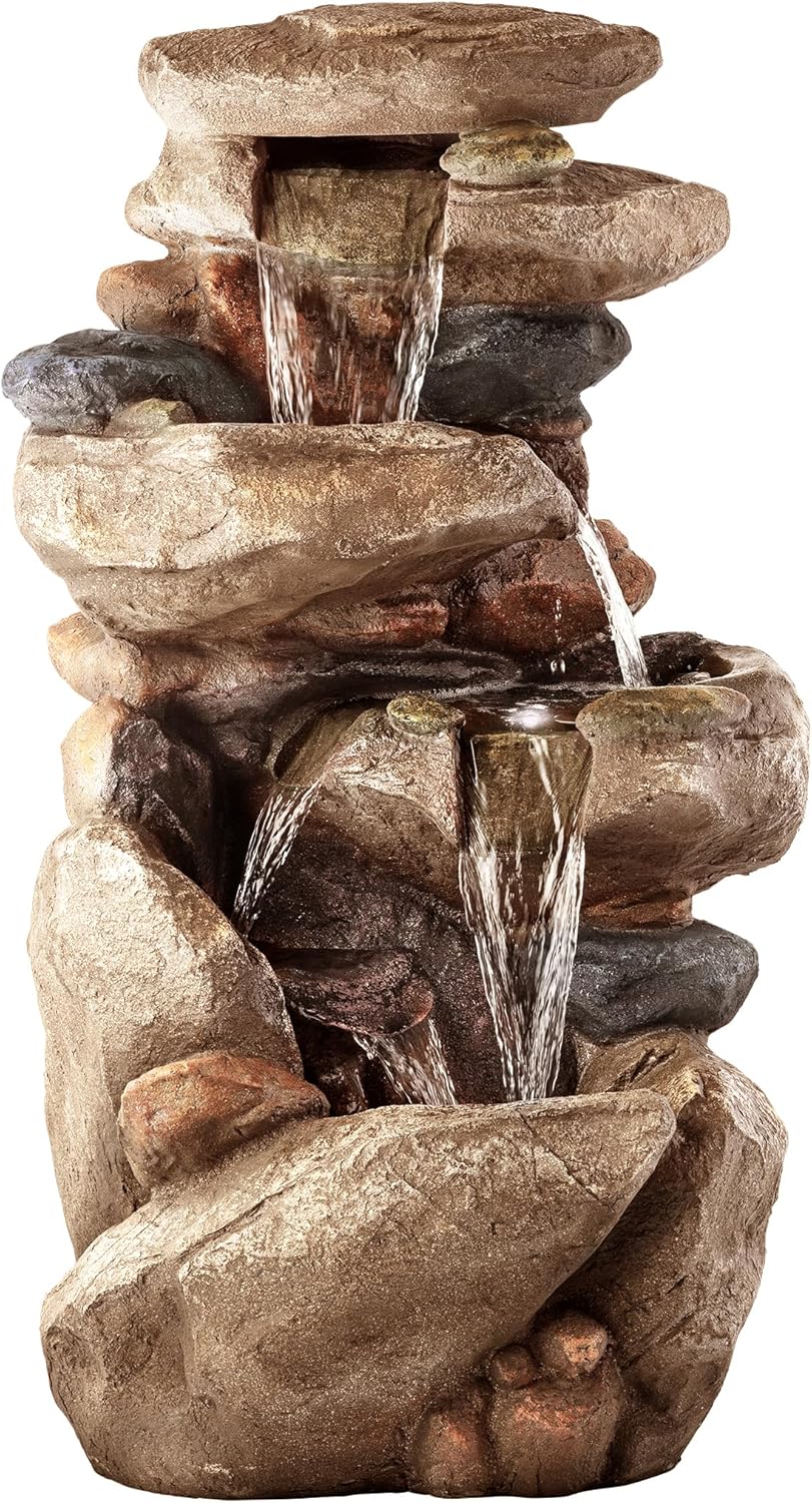 Alpine Corporation WIN315 40" Floor Fountain – Tiered Brown Rock Water Feature with Color-Changing LED & Remote – Cascading Streams for a Tranquil Garden, Patio, Yard, Deck, or Porch, Light Brown