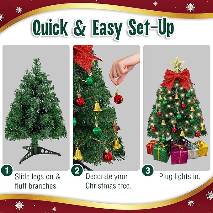 Small Christmas Tree with Lights - 23 Inch Mini Tabletop Christmas Tree with Warm-White LED Lights, Hanging Ornaments, Decorative Bow and Gift Boxes - Prelit Table Tree for DIY Christmas Decoration