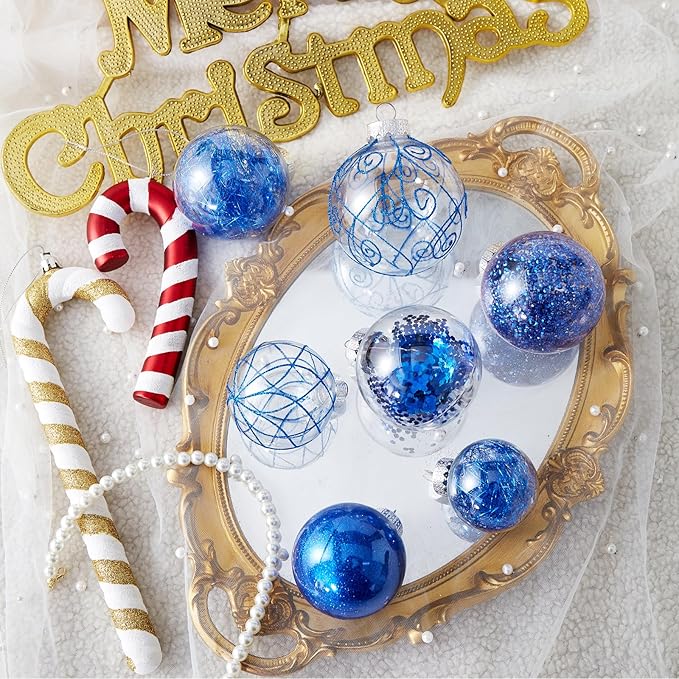 Wironlst Christmas Ball Ornaments Shatterproof Clear Large Plastic Hanging Ball Decorative Baubles Set with Stuffed Delicate Decorations (Multi-Size, Blue)
