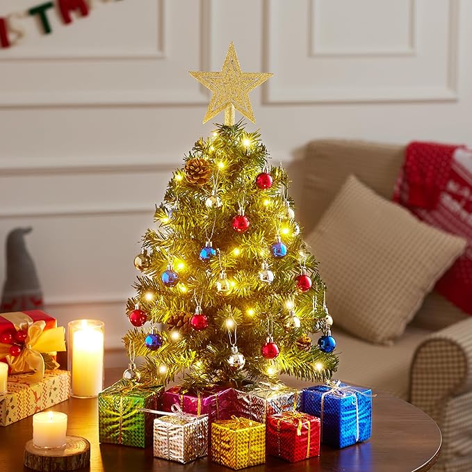 Joiedomi 24 Inch/2FT Pre Lit Tabletop Mini Christmas Tree Decorations with Warm LED Lights, Gift Box and Christmas with Ball Hanging Ornaments for Indoor Xmas Holiday Season Best DIY Decorations