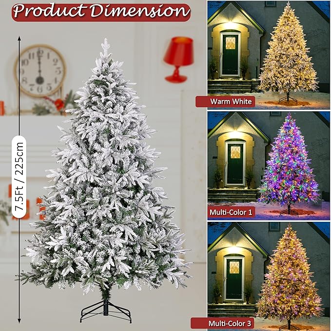 Sunnyglade 7.5ft Artificial Snow Flocked Christmas Tree with 600 LED Lights (Not pre-lit), Xmas Tree Full Tree with 1422 Branch Tips & 11 Modes Light, RGB & Warm White Light, Foldable Stand for Home