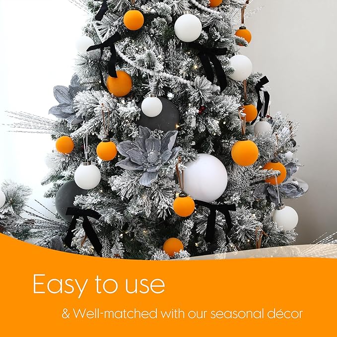 Sea Team 16-Pack Flocked Velvet Christmas Tree Ball Ornaments Set, Hanging Velour Baubles, Shatterproof Plastic Decorations for Xmas Tree, Wreath, Garland, 80mm/3.15 Inches, Orange