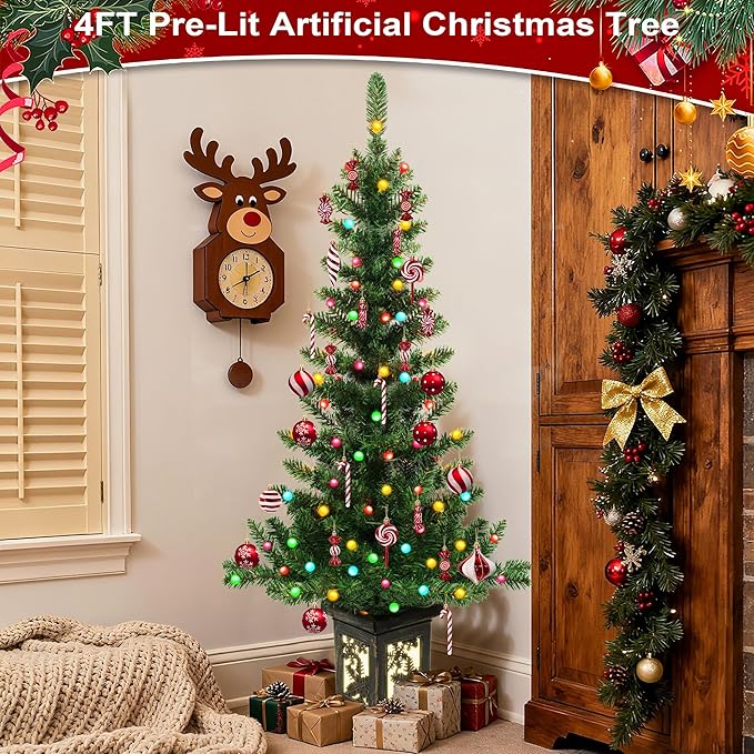 2Pcs 4FT Pre-lit Artificial Potted Christmas Tree with 100 LED Colorful Lights，Artificial Xmas Trees with Retro Snowflack Light Box Base, 190 Branch Tips, Small Xma Tree Decora for Porch,Table, Home