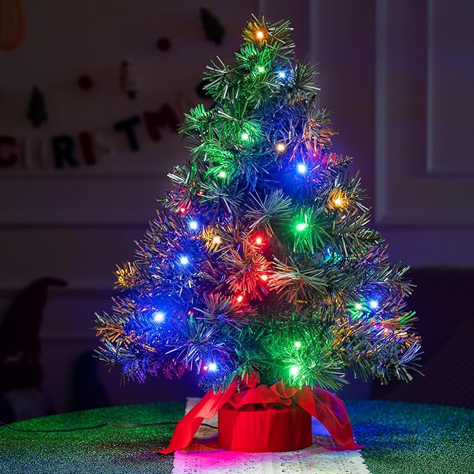 JOIEDOMI 24"/2FT Small Tabletop Christmas Tree with Multi-Color LED Lights, Table Top Christmas Decorations Pre-lit Artificial, Green Mini Lighted Tree for Xmas Decorations Indoor Party Décor