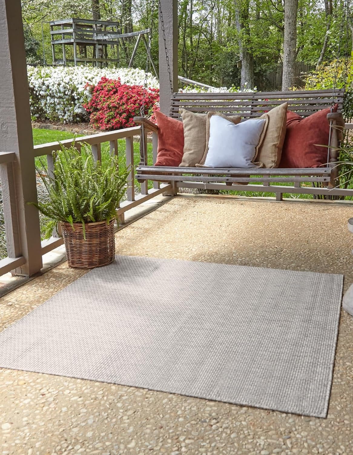Unique Loom Collection Casual Transitional Solid Heathered Indoor/Outdoor Flatweave Area Rug (5' 3" Square, Light Gray/Ivory)