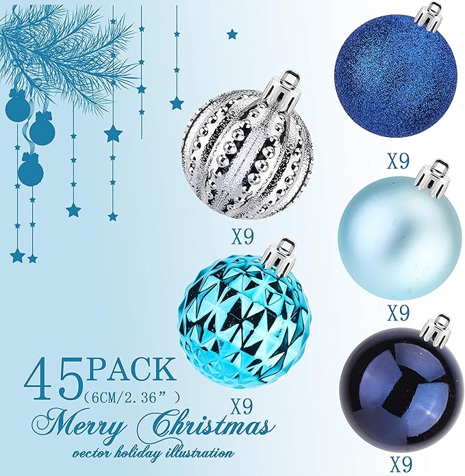 45Pcs 6cm/2.36inch Christmas Balls Glitter Ornaments Set, Shatterproof Plastic Xmas Tree Hanging Ornament, Christmas Decorations Balls for Holiday Festival Wedding House Bar Party(Navy/Blue/Silver)