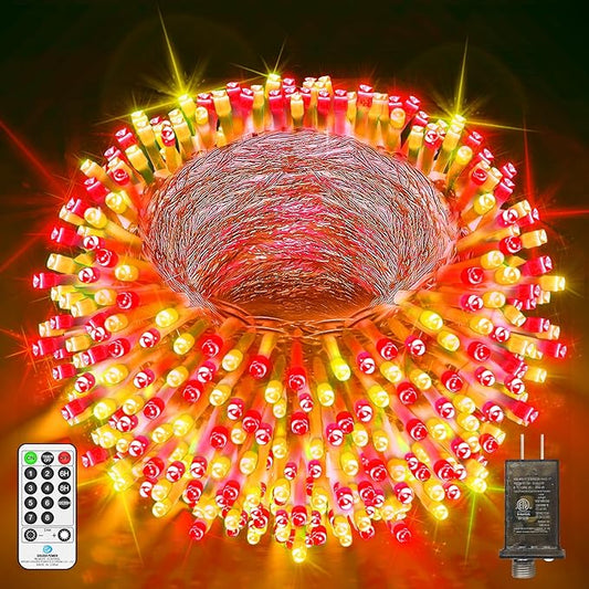 403 FT 1000 LED Christmas Lights Outdoor Decorations Super Long Fairy String Lights Waterproof 8 Modes Timer Clear Wire for Outside House Tree Patio Yard Wedding Party Holiday-Warm White & Red