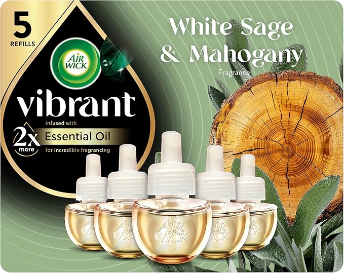 Air Wick Plug in Scented Oil Refill, 5ct, White Sage & Mahogany, Air Freshener, Essential Oils