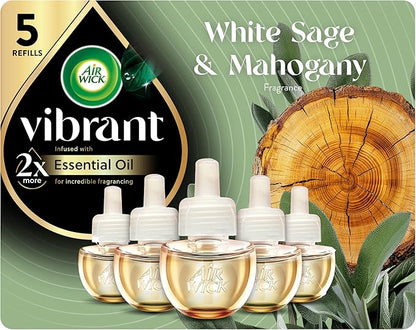 Air Wick Plug in Scented Oil Refill, 5ct, White Sage & Mahogany, Air Freshener, Essential Oils
