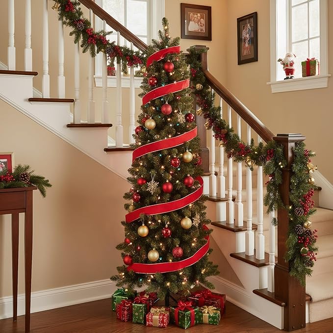 Himimi Pre-lit Christmas Artificial Tree Slim Pencil Tree Space Saving, 6ft Skinny Christmas Trees with Multi Colored Lights, Foldable Metal Stand