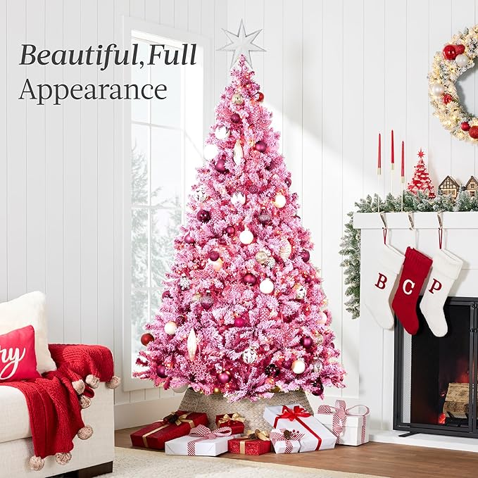 Best Choice Products 7.5ft Pre-Lit Pink Christmas Tree, Artificial Snow Flocked Full Fir Tree, Holiday Decoration w/ 550 Lights, 1,346 Branch Tips, Foldable Metal Base