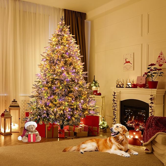 Sunnyglade 6ft Artificial Snow Flocked Christmas Tree with 400 LED Lights (Not pre-lit), Xmas Tree Full Tree with 800 Branch Tips & 11 Modes Light, RGB & Warm White Light, Foldable Stand for Home