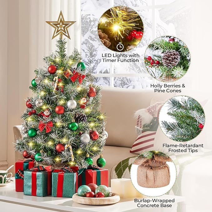 Yaheetech Set of 2 Pre-Lit Artificial Mini Christmas Tree, 3ft Frosted Tabletop Small Christmas Tree with LED Lights, Red Berries & Natural Pinecones for Holiday Decoration