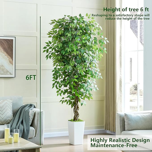 Artificial Ficus Tree 6FT Faux Plants Indoor Tall Fake Plants with White Planter, Green Lifelike Lush Fake Ficus Tree for Home Living Room Bedroom Outdoor Balcony House Office Decor