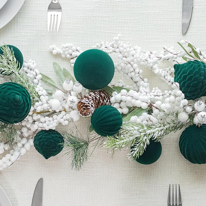 KI Store Velvet Christmas Balls Green 25pcs Flocked Christmas Tree Ornaments Assortment for Xmas Tree Holiday Decor