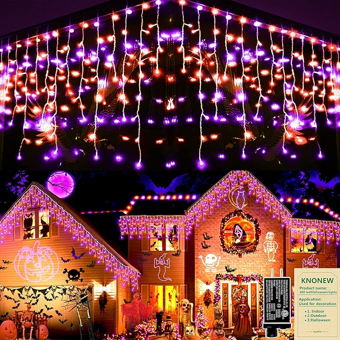 KNONEW Orange Purple Halloween Lights 33FT 400 LED String Lights Outdoor with 75 Drops, 8 Lighting Modes, Timer Memory Function Connectable Hanging Curtain Lights for Halloween Party Decor
