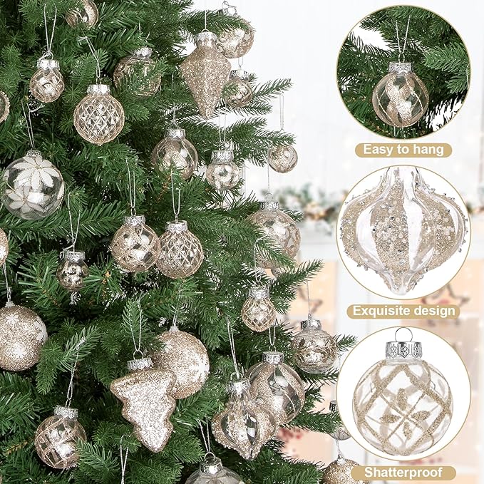 43 PCS Christmas Ball Ornaments Set, Clear Plastic Shatterproof Champagne Christmas Ornaments Hanging Balls Baubles Xmas Tree Decorations for Holiday Home Indoor Wedding Party Decor