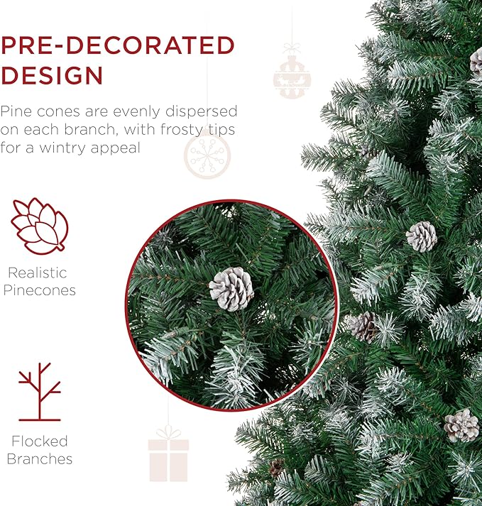 Best Choice Products 12ft Pre-Decorated Holiday Christmas Tree for Home, Office, Party w/4,188 Tips, Partially Flocked, Pinecones, Base – Green