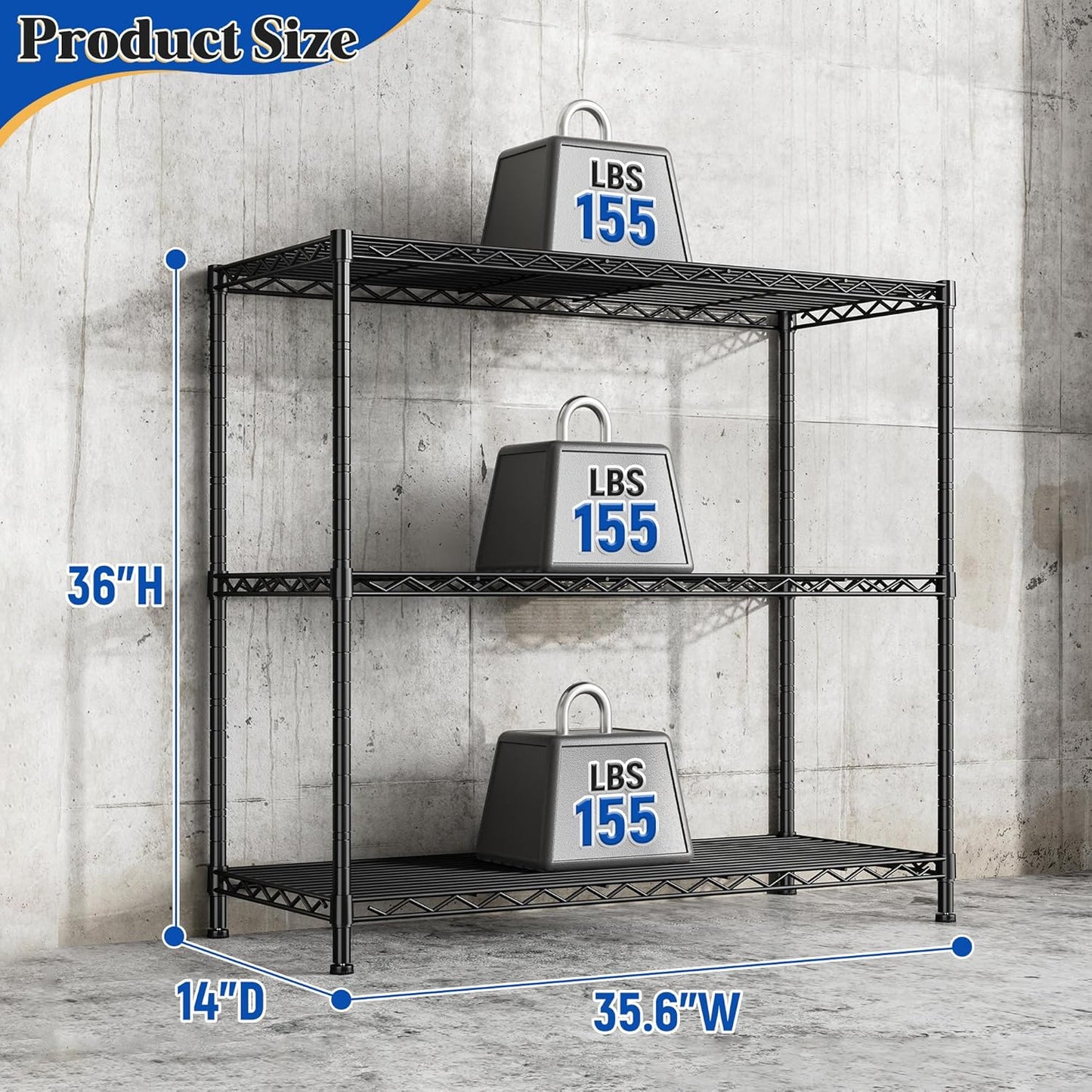 3- Shelf Metal Shelving Unit 35.6Wx14Dx36H Adjustable Storage Shelves Heavy Duty Garage Shelving Steel Wire Shelving for Laundry Bathroom Kitchen Pantry Closet Garage Black