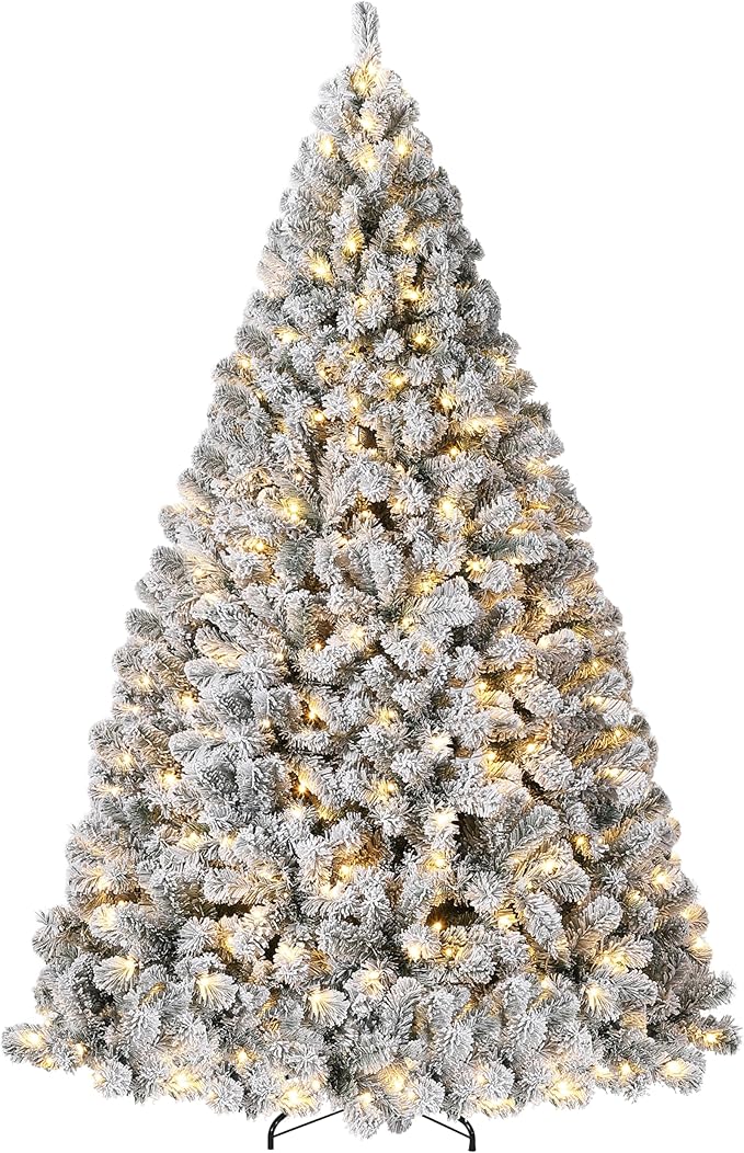 9FT Flocked Artificial Christmas Tree with 900 Warm White LEDs - Pre-Lit PVC Snow Tree, Foldable Stand & Foot Pedal, Easy Assembly for Home, Party, Mall Holiday Decor (Green, 1800 Tips)