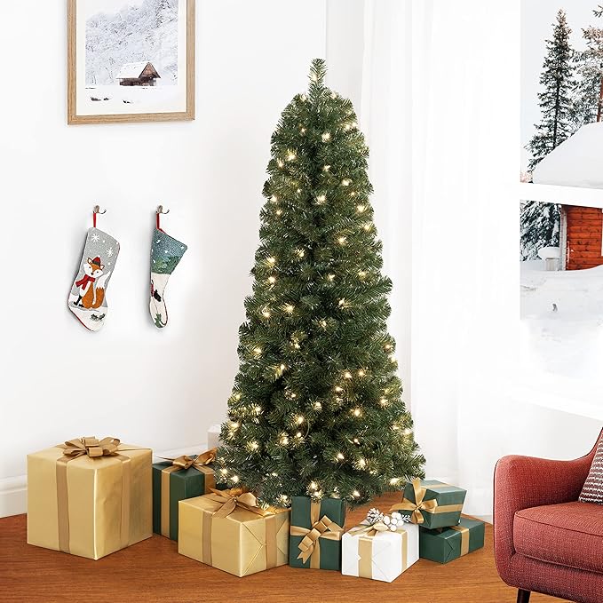 Vienna 4.5ft Prelit Slim Artificial Christmas Tree with 444 Branch Tips, 150 Warm Lights and Metal Stand, 25" Wide Realistic Skinny Pencil Christmas Tree with Lights by Naomi Home