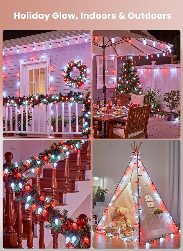 C9 LED Christmas Lights Outdoor, 81 Feet 100 LED String Lights with Timer & 8 Light Mode, Waterproof Commercial Grade Christmas Tree Lights for Outside Indoor Roofline Patio Decor, Red & Pure White