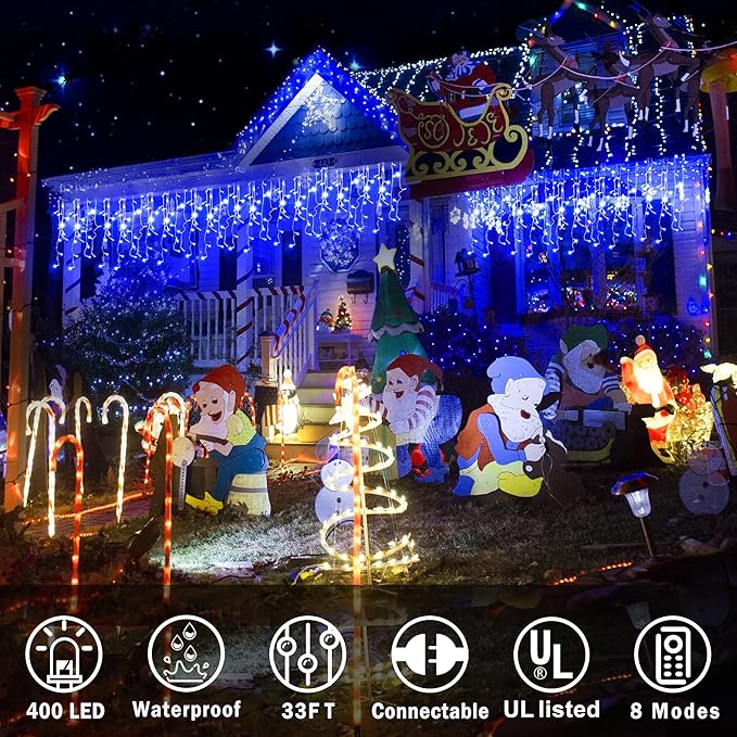 KNONEW Christmas Lights Outdoor Decorations 400 LED 33ft 8 Modes Curtain String Light with 75 Drops, Clear Wire LED Fairy Light Indoor Decor for Wedding Party Christmas Decorations(Blue)