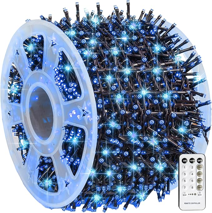 Dazzle Bright Outdoor Christmas String Lights, 1000 LED 328 FT Plug in Fairy Light with Remote Control 8 Modes & Timer, Waterproof Decoration for Home Garden Yard Xmas Wedding, Blue