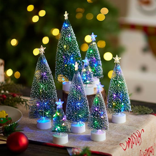 JOYIN 8 Pcs Mini Xmas Decor with LED Lights, Prelit Classic Small Christmas Tree in 4 Sizes with Star Topper, Tabletop Artificial Tree with Snow for Xmas Indoor Home Decor Holiday Festive (Green)