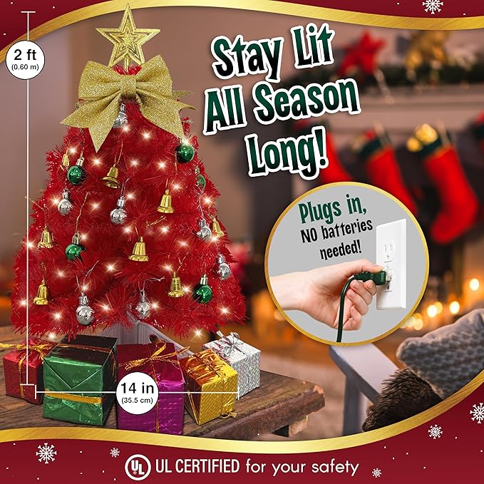 Small Red Christmas Tree with Lights - 23 Inch Mini Tabletop Christmas Tree with Warm-White LED Lights, Hanging Ornaments, Decorative Bow and Gift Boxes - Table Tree for DIY Christmas Decoration
