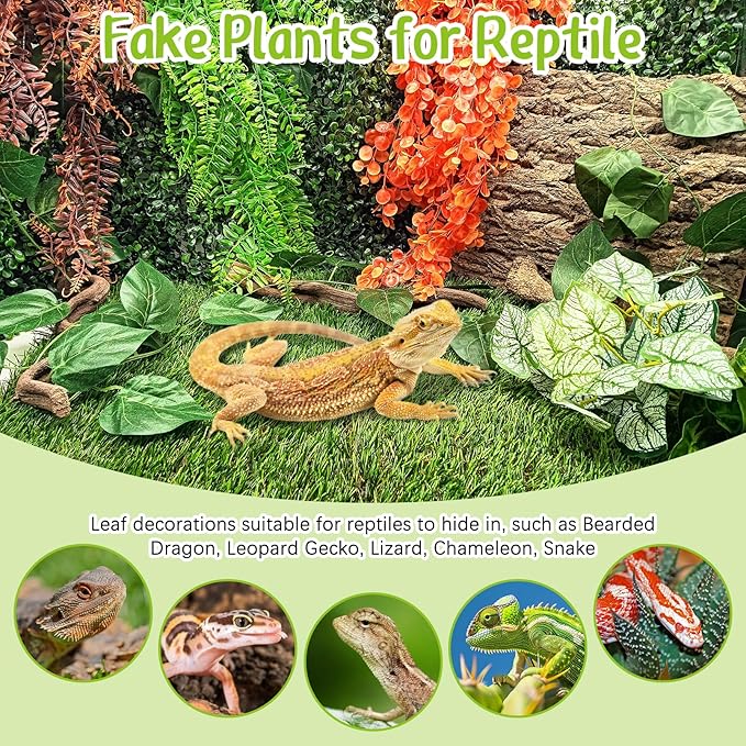 Hamiledyi Reptile Plants 5 Pcs Climbing Terrarium Plant with Suction Cup Artificial Decor for Snake Cage Bearded Dragon Tank Accessories for Lizard, Leopard Gecko, Chameleon, Snake (Orange)