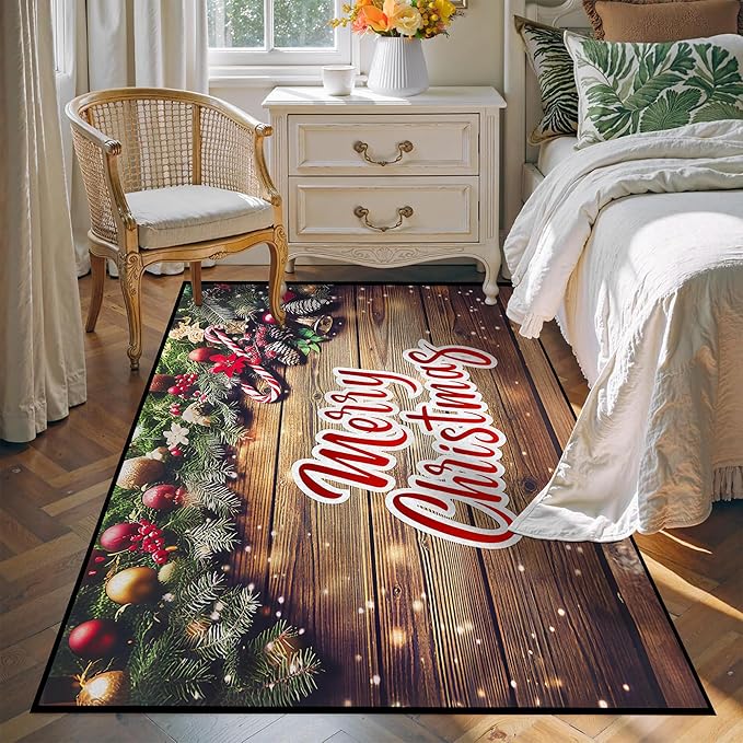 Christmas Wood Grain Xmas Decorative Area Rug, Non-Slip Indoor Throw Washable Rug, 71" X 47"