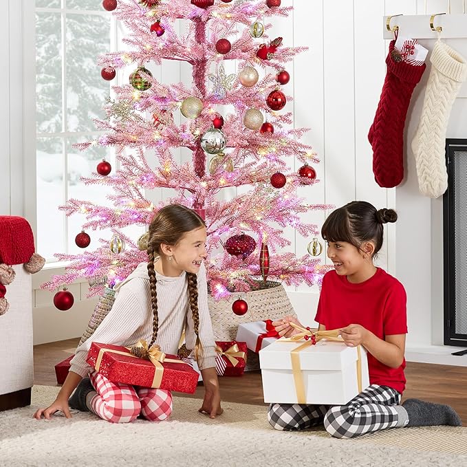 Best Choice Products Pre-Lit Sparse Christmas Tree 9ft Artificial Flocked Pine Holiday Décor Aspen Noble Fir White & Multicolor LED Lights- Pink