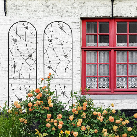 8 Pack Metal Garden Trellis for Climbing Plants, 86.7" Tall Rustproof Outdoor Trellis Panel with Butterfly Design, Decorative Black Iron Plant Support for Vine, Rose, Flower, Garden Wall