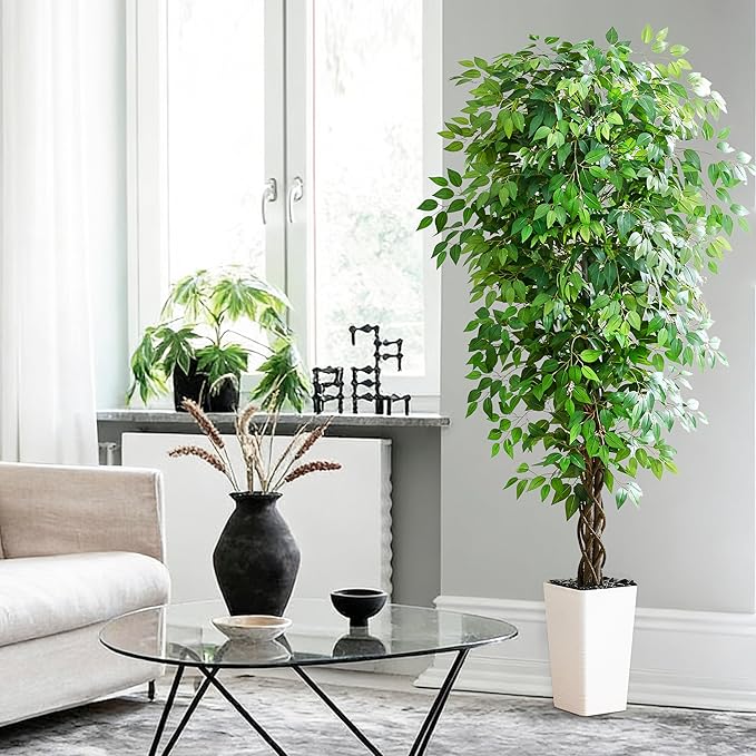 Artificial Ficus Tree 7FT Faux Plants Indoor Tall Fake Plants with White Tall Planter, Green Lifelike Lush Fake Ficus Tree for Home Living Room Bedroom Outdoor Balcony House Office Decor