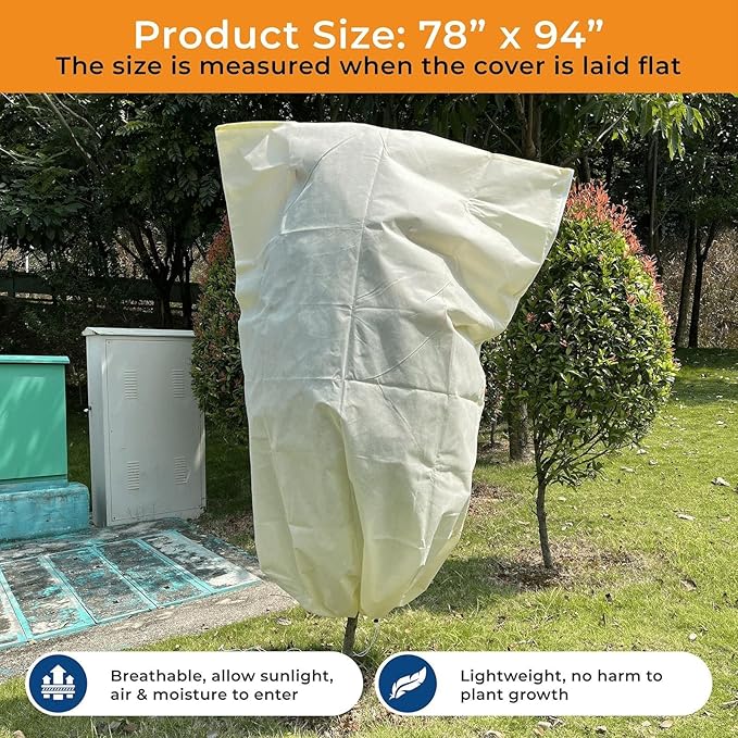 Plant Covers Freeze Protection Large, 78''W x 94’’H Shrub Covers with Zipper and Drawstring, Frost Cloth for Winter, Outdoor Plant Blankets for Cold Weather