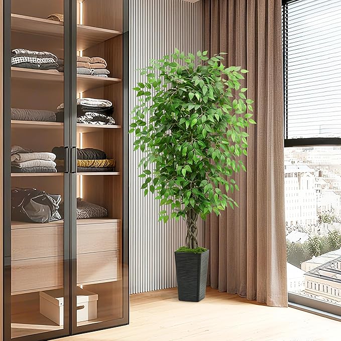 Artificial Ficus Tree 5FT Faux Plants Indoor Tall Fake Plants with Black Square Planter, Green Lifelike Lush Fake Ficus Tree for Home Living Room Bedroom Outdoor Balcony House Office Decor