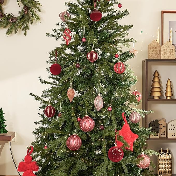 DN DECONATION 4PCS Christmas Ball Ornaments – 4” Burgundy Glass Hanging Ball Ornaments Set for Christmas Tree with Shimmering Silver Lines, Winter Home Decor Xmas Party Decorations Wedding