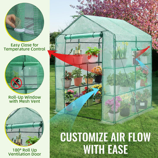 Greengro Greenhouse, 57 x 57 x 76'' Greenhouses for Outdoors, Durable Green House Kit with Window, Thicken PE Cover, 3 Tiers 8 Shelves, Heavy Duty Walk in Green Houses for Indoor Backyard Outside