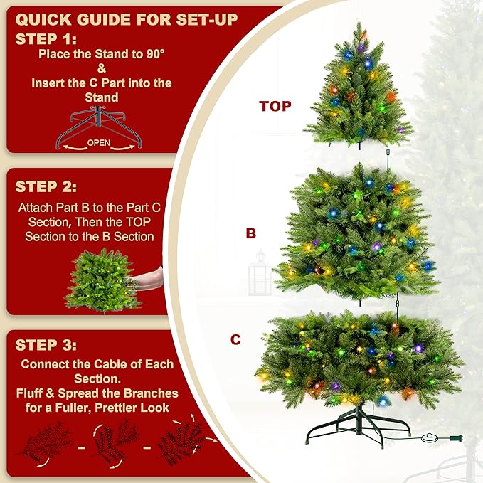 6.5ft Pre Lit Christmas Tree with 450 Multi-Color LED Lights – Artificial Tree with 1617 Realistic PE & PVC Tips, Hinged Branches, Foot Pedal and Metal Stand for Indoor Holiday Decor