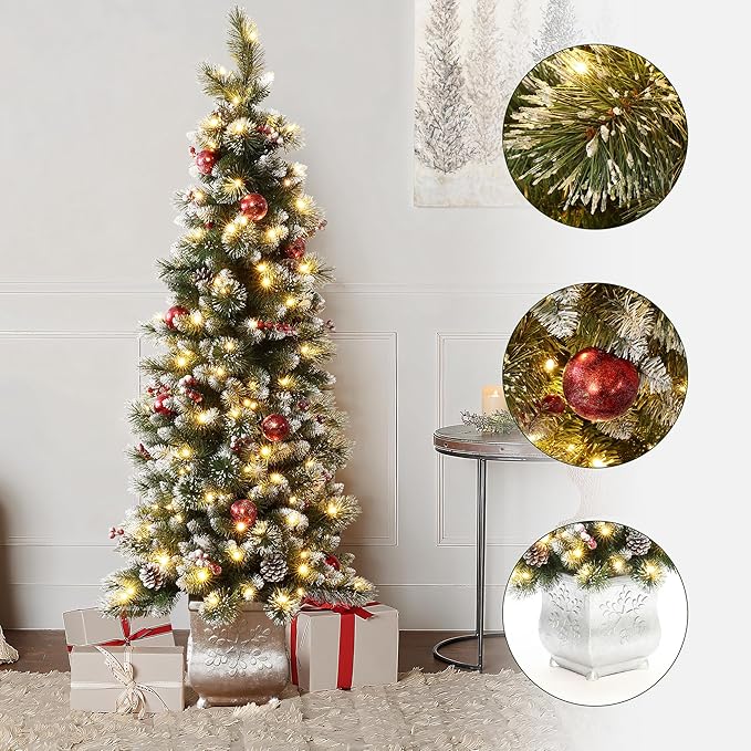 LuxenHome 5FT Potted Christmas Tree with Ornaments, Pre-Decorated Small Flocked Artificial Christmas Trees Prelit with 150 LED Lights, Pencil Xmas Tree with Pot for Indoor, Outdoor