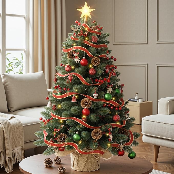 4ft Prelit Artificial Small Christmas Tree with Warm White Multi-Color LED Lights, Remote Control and Timer Operated, Metal Stand Red Berries & Pine Cone Slim Pencil Decoration for Indoor/Outdoor
